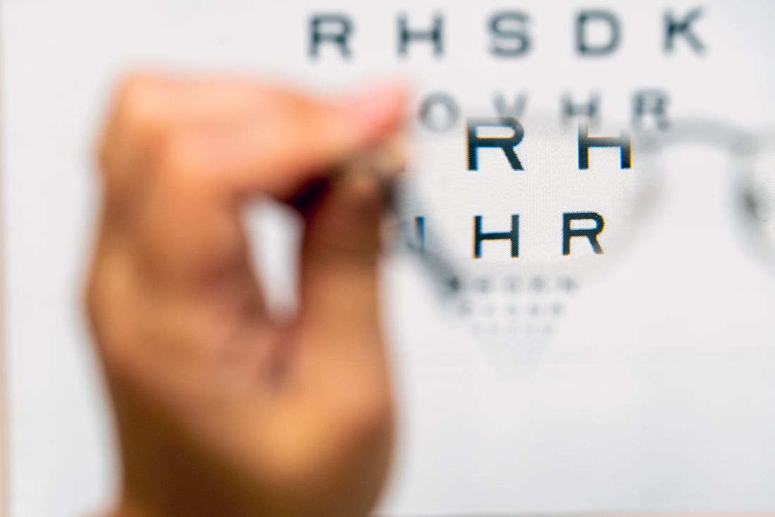 View through glasses vision test table, eye chart
